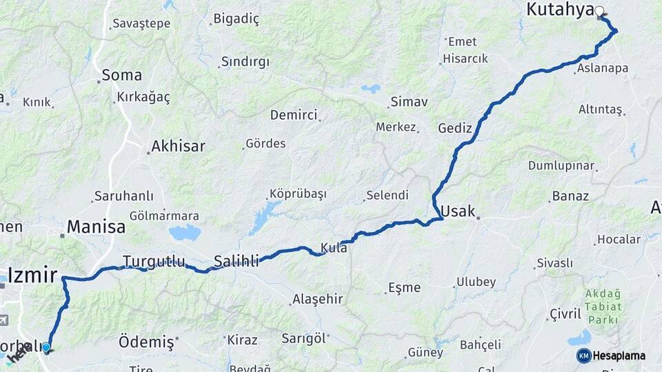 İzmir Torbalı Kütahya Arası Kaç Km - Yol Haritası