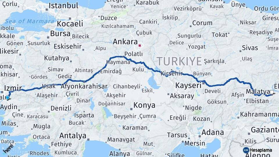İzmir Torbalı Malatya Arası Kaç Km - Yol Haritası