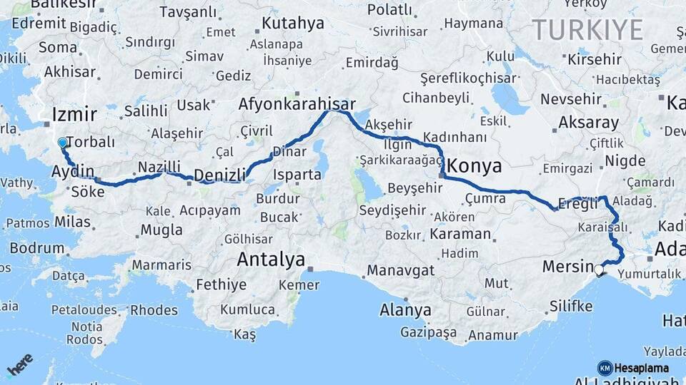 İzmir Torbalı Mersin Arası Kaç Km - Yol Haritası