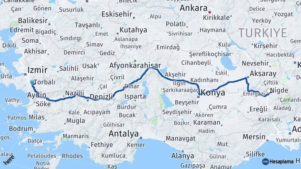 İzmir Torbalı Niğde Arası Kaç Km - Yol Haritası