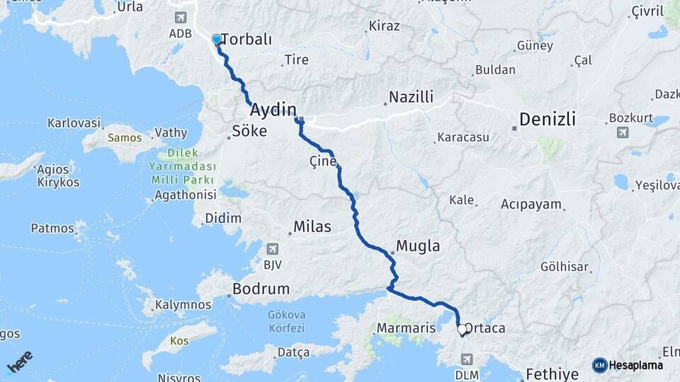 İzmir Torbalı Ortaca Muğla Arası Kaç Km - Yol Haritası