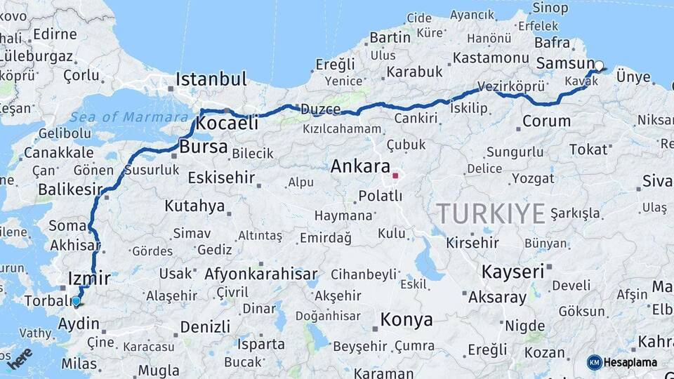 İzmir Torbalı Samsun Arası Kaç Km - Yol Haritası
