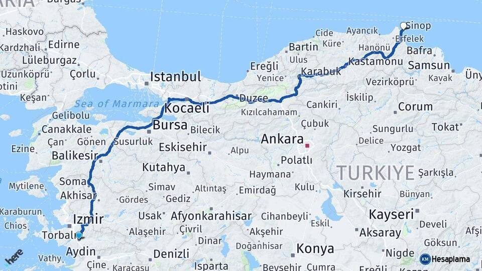 İzmir Torbalı Sinop Arası Kaç Km - Yol Haritası