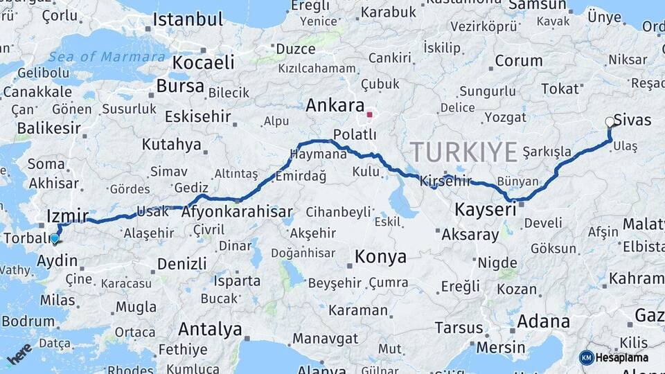 İzmir Torbalı Sivas Arası Kaç Km - Yol Haritası