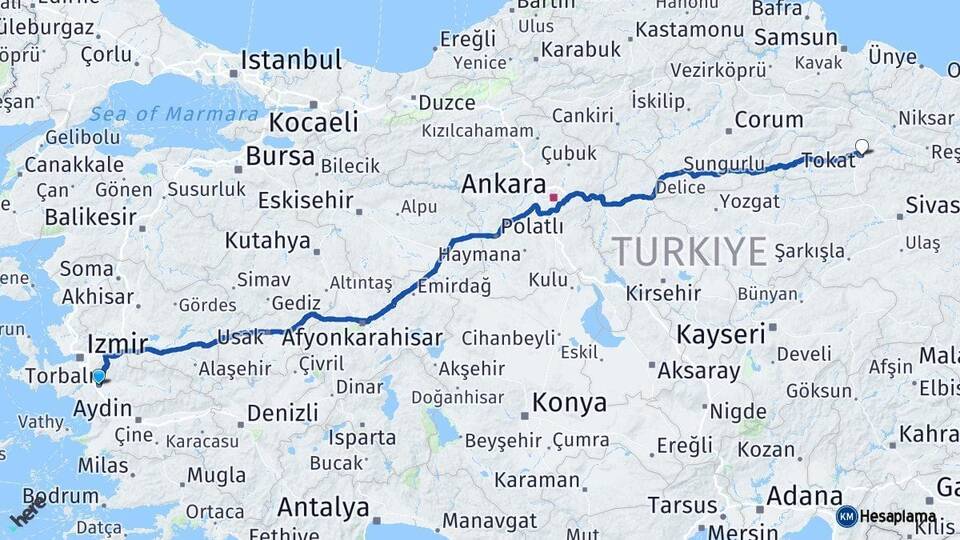 İzmir Torbalı Tokat Arası Kaç Km - Yol Haritası