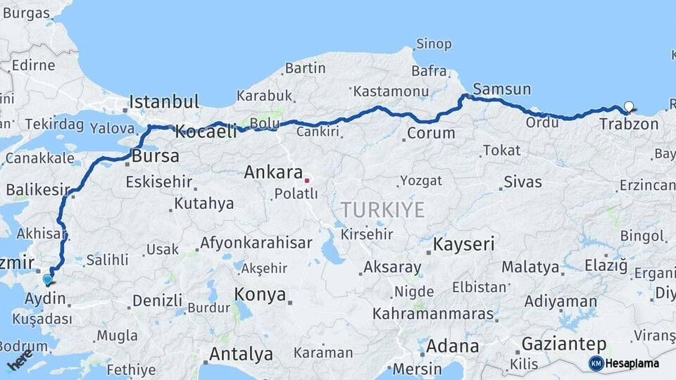 İzmir Torbalı Trabzon Arası Kaç Km - Yol Haritası
