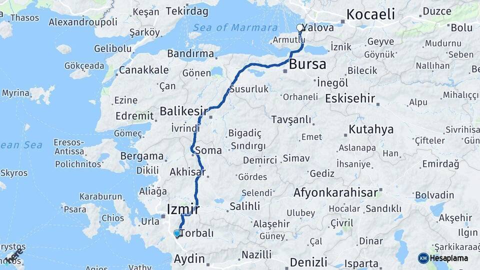 İzmir Torbalı Yalova Arası Kaç Km - Yol Haritası