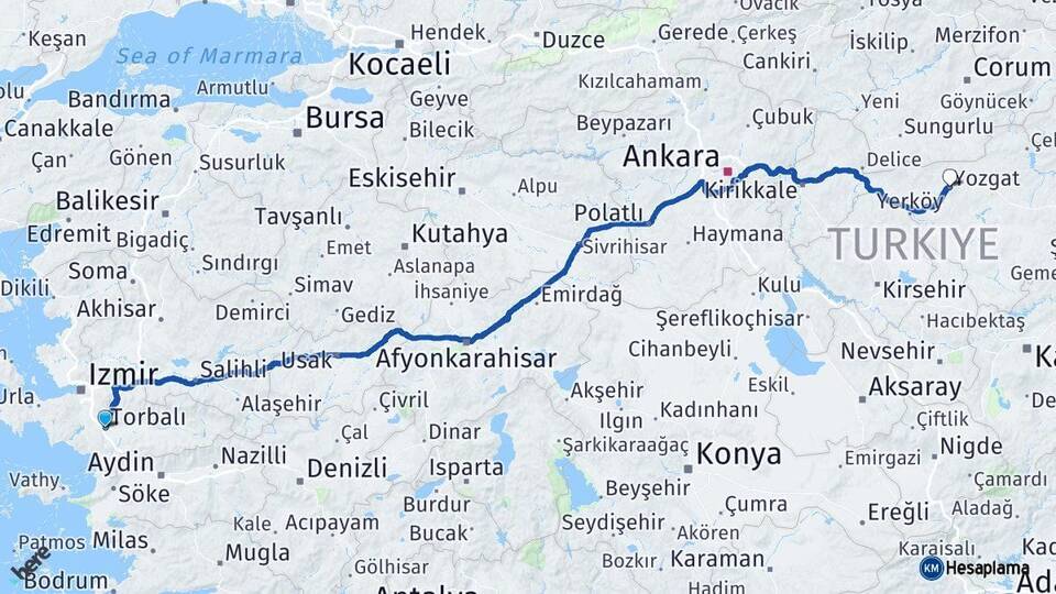 İzmir Torbalı Yozgat Arası Kaç Km - Yol Haritası
