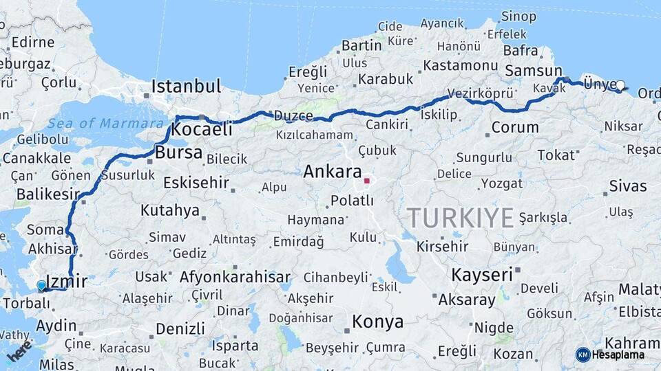 İzmir Ünye Ordu Arası Kaç Km - Yol Haritası