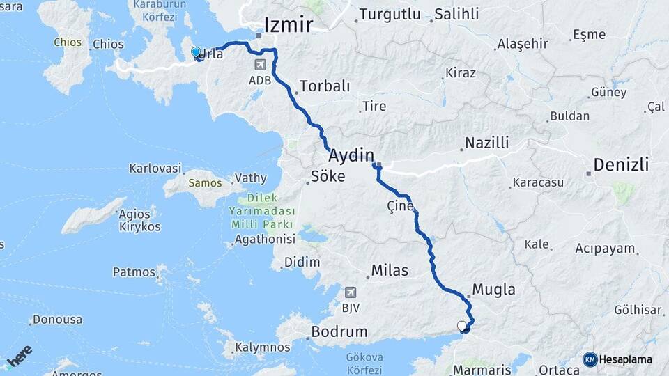 İzmir Urla Akyaka Ula Muğla Arası Kaç Km - Yol Haritası