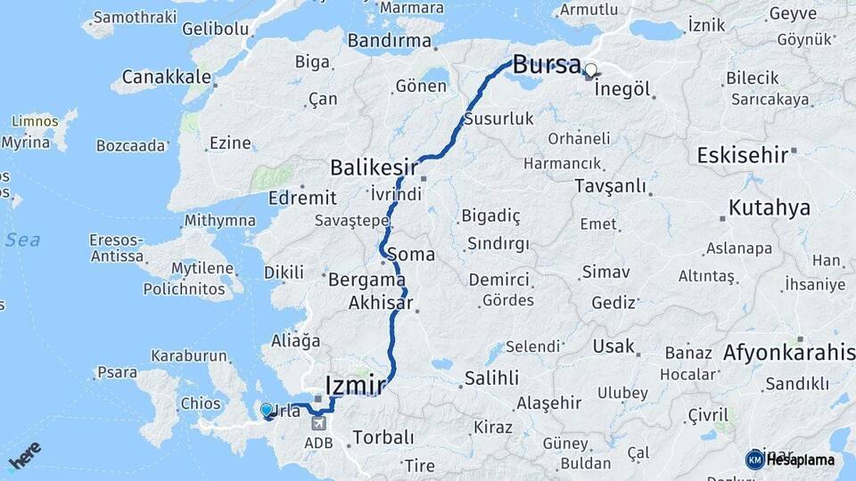 İzmir Urla Bursa Arası Kaç Km - Yol Haritası