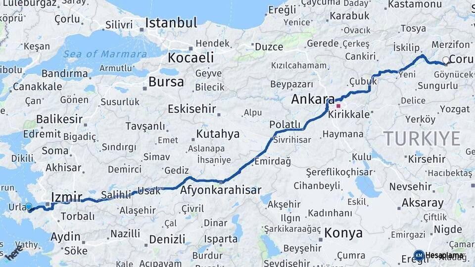 İzmir Urla Çorum Arası Kaç Km - Yol Haritası