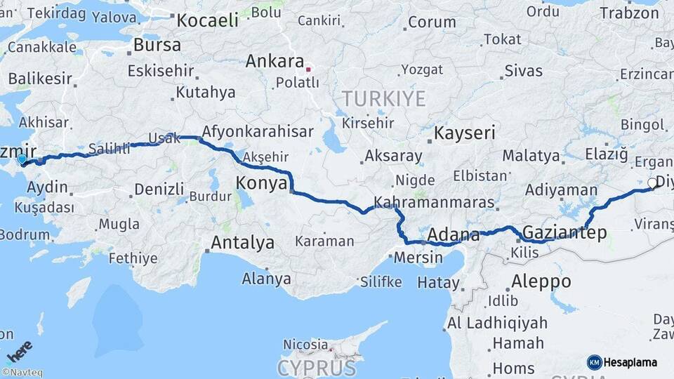 İzmir Urla Diyarbakır Arası Kaç Km - Yol Haritası