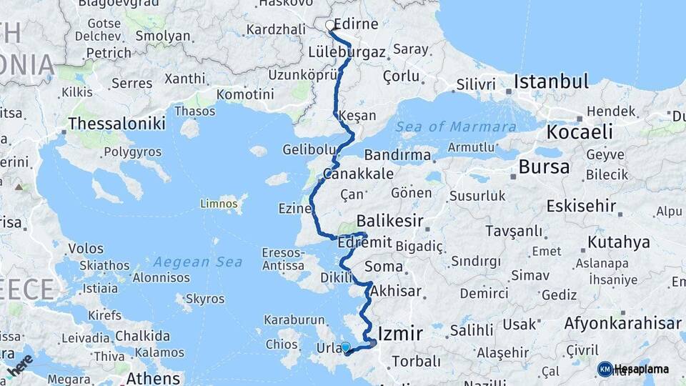 İzmir Urla Edirne Arası Kaç Km - Yol Haritası