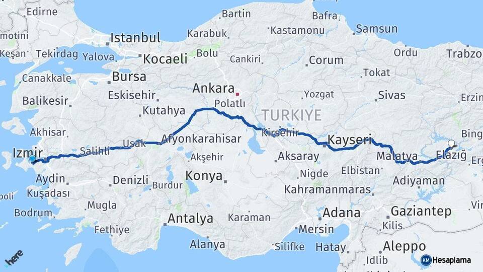 İzmir Urla Elazığ Arası Kaç Km - Yol Haritası