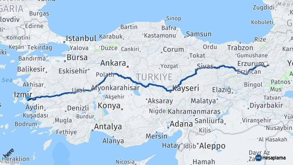 İzmir Urla Erzurum Arası Kaç Km - Yol Haritası