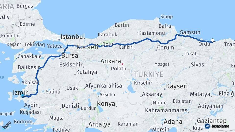 İzmir Urla Giresun Arası Kaç Km - Yol Haritası