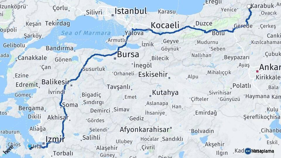 İzmir Urla Karabük Arası Kaç Km - Yol Haritası
