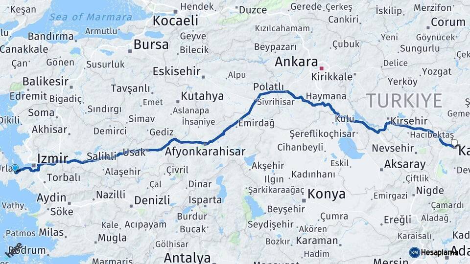İzmir Urla Kayseri Arası Kaç Km - Yol Haritası