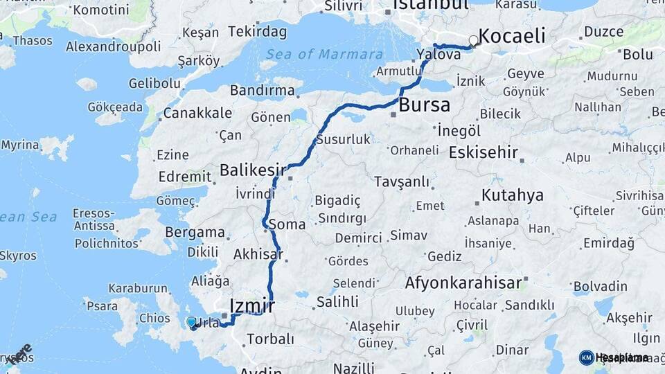 İzmir Urla Kocaeli Arası Kaç Km - Yol Haritası