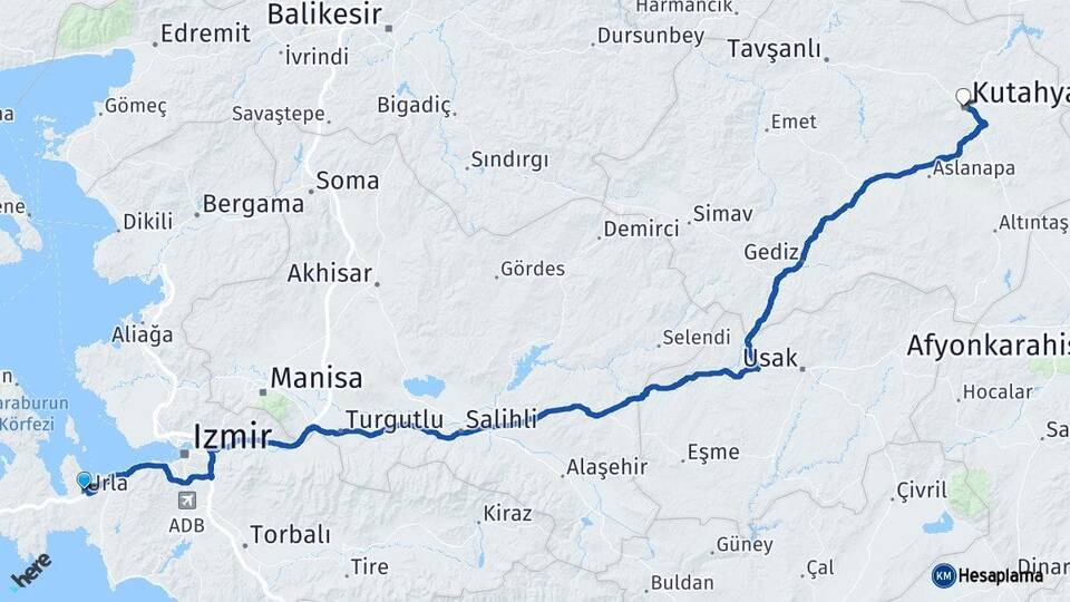 İzmir Urla Kütahya Arası Kaç Km - Yol Haritası
