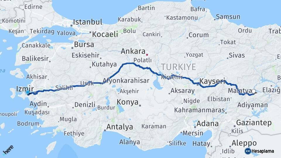 İzmir Urla Malatya Arası Kaç Km - Yol Haritası