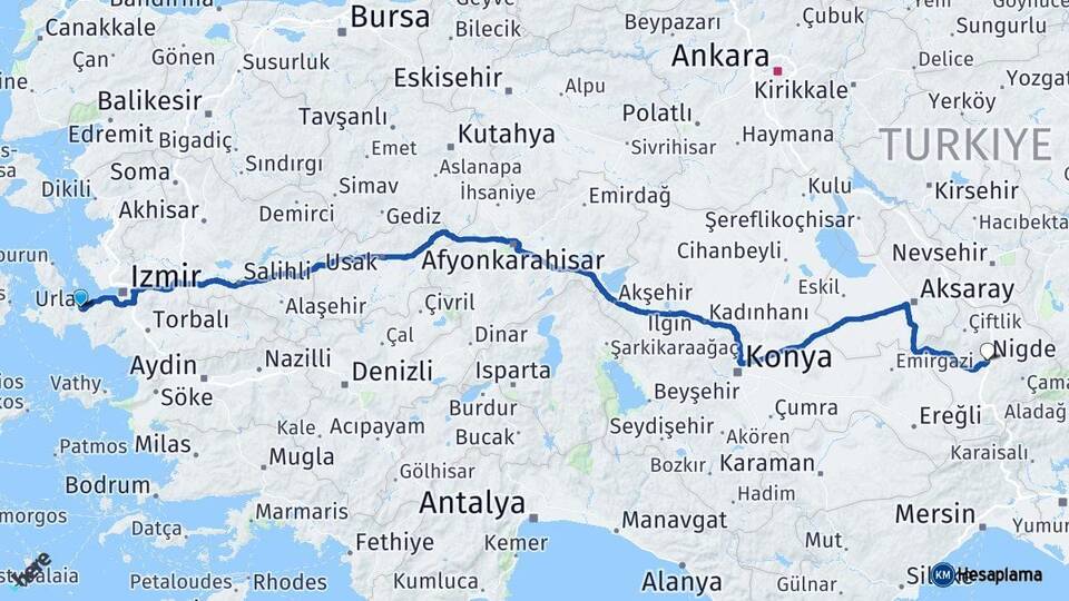 İzmir Urla Niğde Arası Kaç Km - Yol Haritası