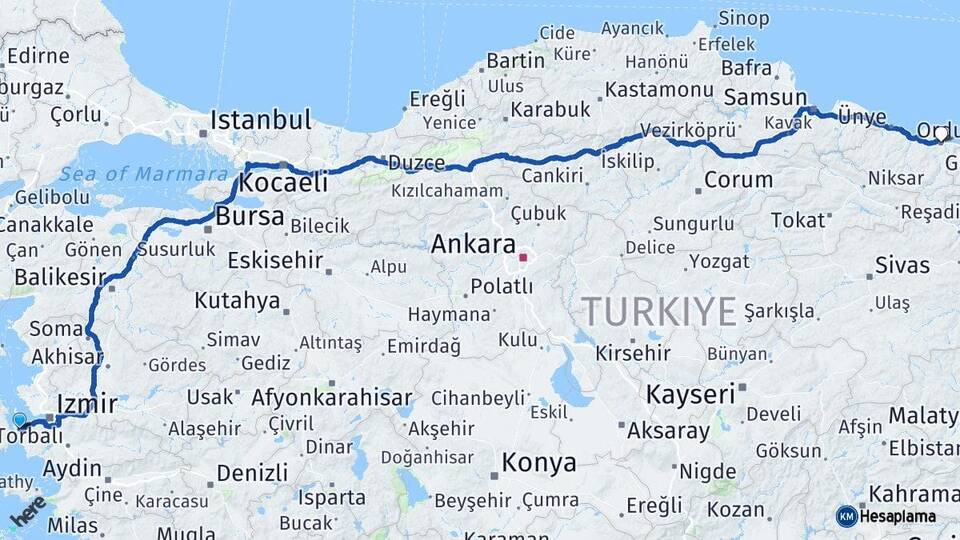 İzmir Urla Ordu Arası Kaç Km - Yol Haritası