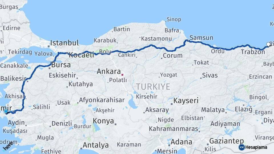 İzmir Urla Rize Arası Kaç Km - Yol Haritası