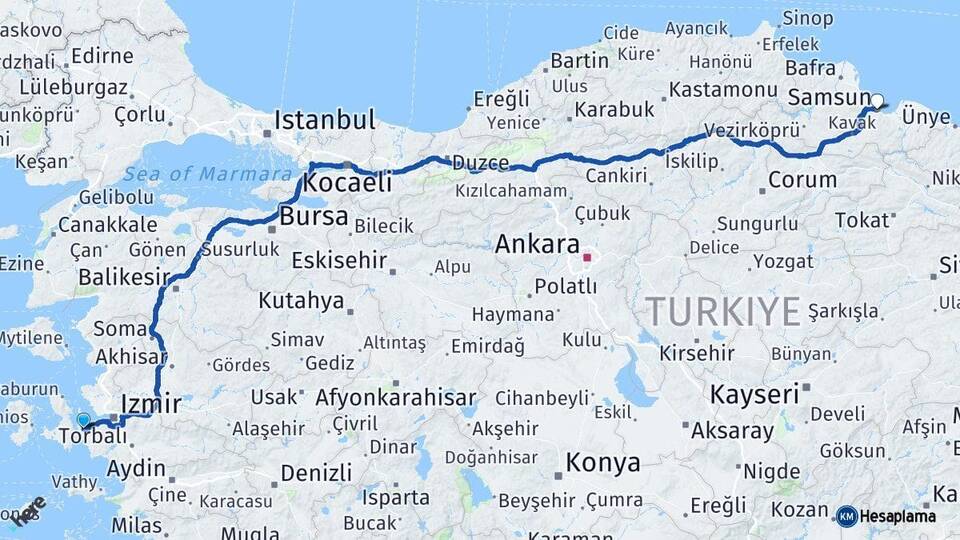 İzmir Urla Samsun Arası Kaç Km - Yol Haritası