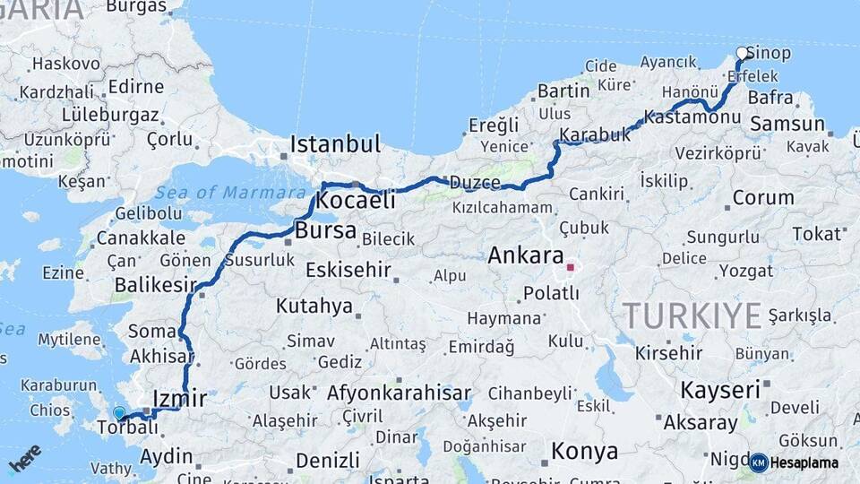 İzmir Urla Sinop Arası Kaç Km - Yol Haritası