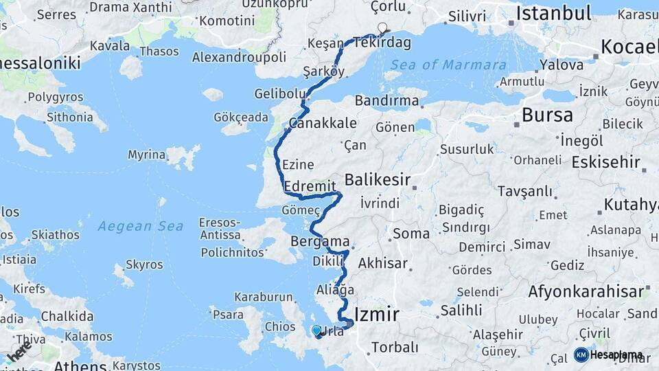 İzmir Urla Tekirdağ Arası Kaç Km - Yol Haritası