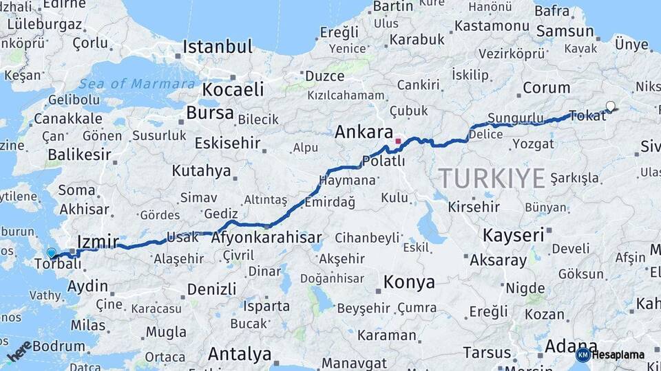 İzmir Urla Tokat Arası Kaç Km - Yol Haritası