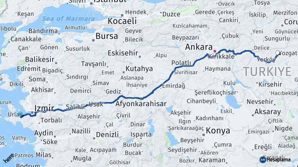 İzmir Urla Yozgat Arası Kaç Km - Yol Haritası