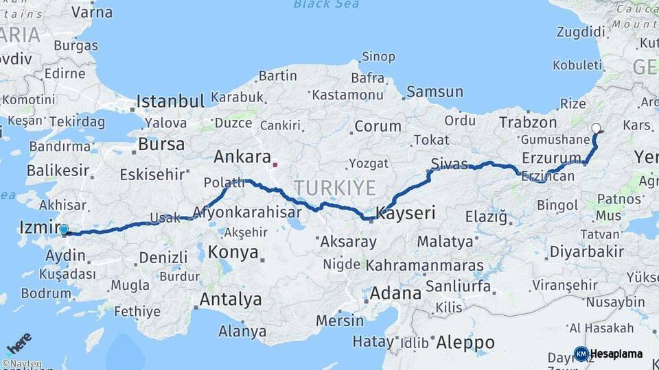İzmir Uzundere Erzurum Arası Kaç Km - Yol Haritası