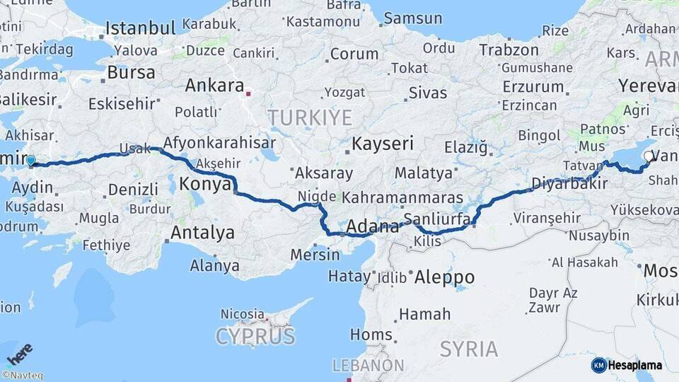 İzmir Van Arası Kaç Km - Yol Haritası