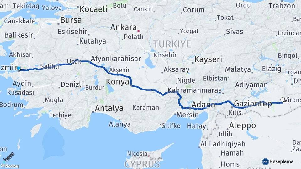 İzmir Viranşehir Şanlıurfa Arası Kaç Km - Yol Haritası