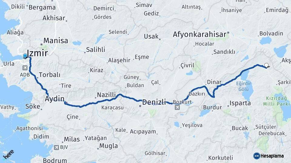 İzmir Yalvaç Isparta Arası Kaç Km - Yol Haritası