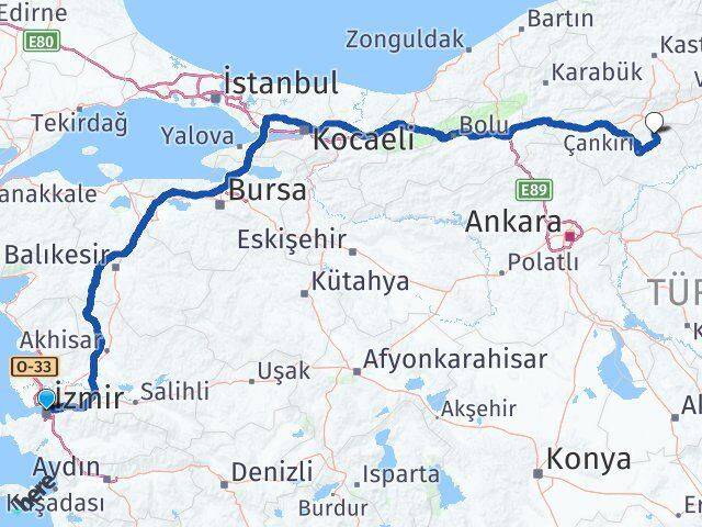 İzmir Yapraklı Çankırı Arası Kaç Km - Yol Haritası