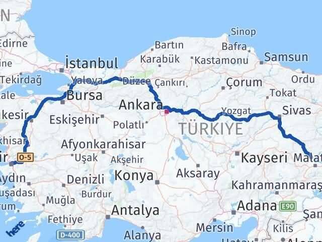 İzmir Yazıhan Malatya Arası Kaç Km - Yol Haritası