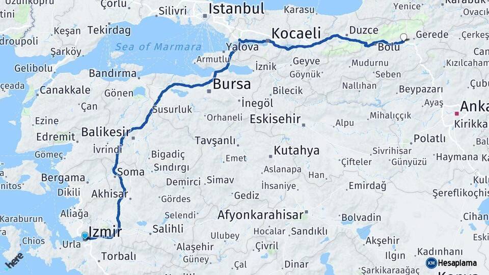 İzmir Yeniçağa Bolu Arası Kaç Km - Yol Haritası