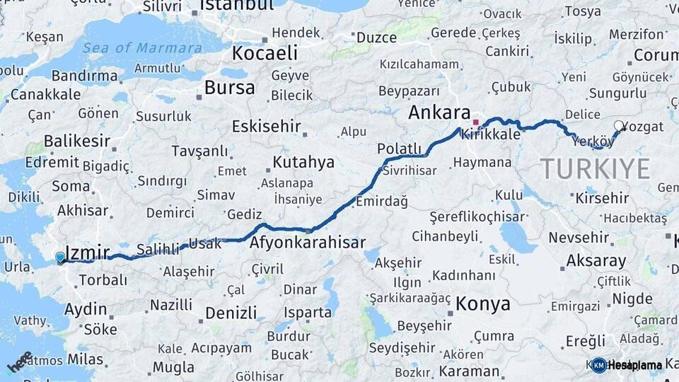 İzmir Yozgat Arası Kaç Km - Yol Haritası