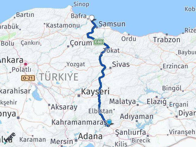 Kahramanmaraş 19 Mayıs Samsun Arası Kaç Km - Yol Haritası