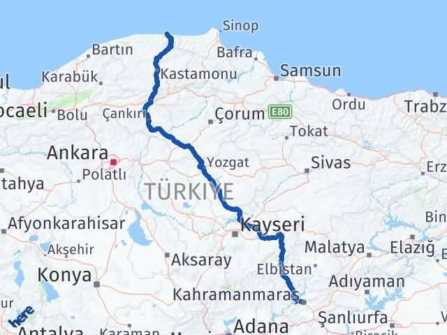 Kahramanmaraş Abana Kastamonu Arası Kaç Km - Yol Haritası