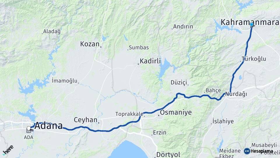 Kahramanmaraş Adana Havalimanı Arası Kaç Km - Yol Haritası