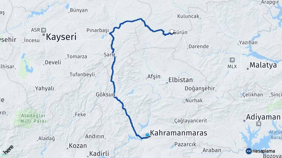 Kahramanmaraş Adıyaman Havalimanı Arası Kaç Km - Yol Haritası