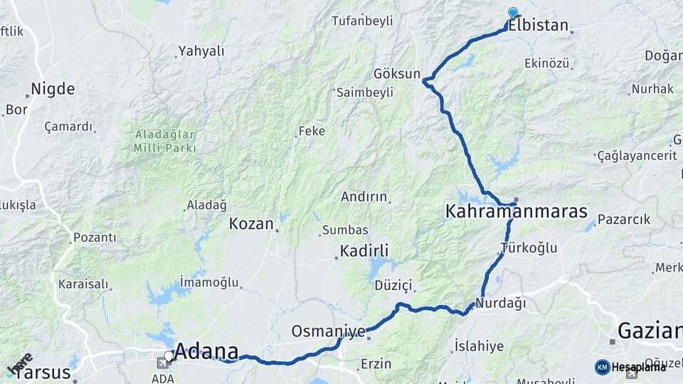 Kahramanmaraş Afşin Adana Arası Kaç Km - Yol Haritası