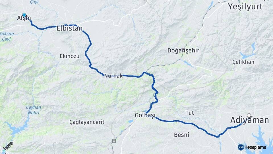 Kahramanmaraş Afşin Adıyaman Arası Kaç Km - Yol Haritası