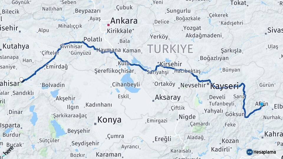 Kahramanmaraş Afşin Afyonkarahisar Arası Kaç Km - Yol Haritası