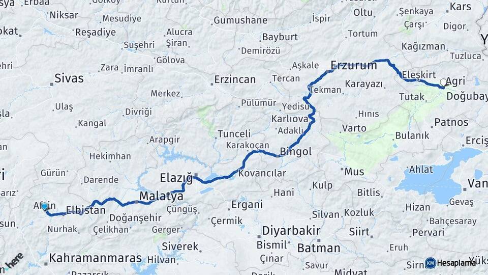 Kahramanmaraş Afşin Ağrı Arası Kaç Km - Yol Haritası